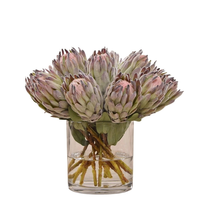 Large Protea Pink Green Arrangement in Glass Vase