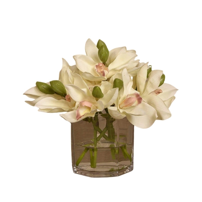 White Cymbidium Arrangement in Glass Vase