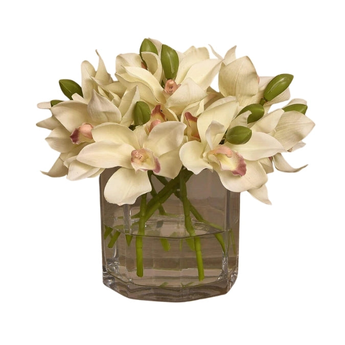 White Cymbidium Arrangement in Glass Vase