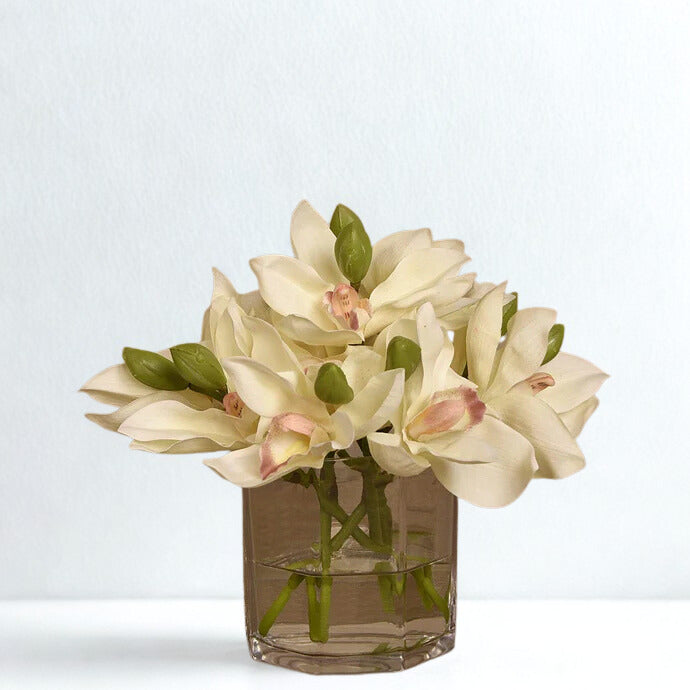 White Cymbidium Arrangement in Glass Vase