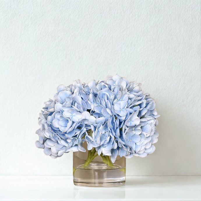 BLUE Hydrangea in a round glass vase SMALL