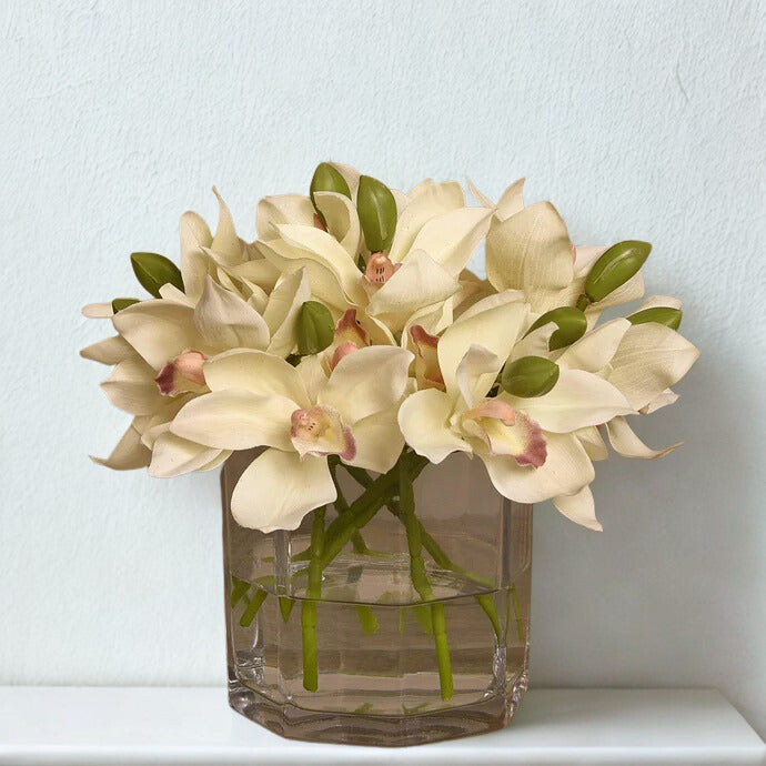 White Cymbidium Arrangement in Glass Vase