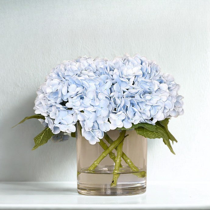 BLUE Hydrangea in a round glass vase LARGE