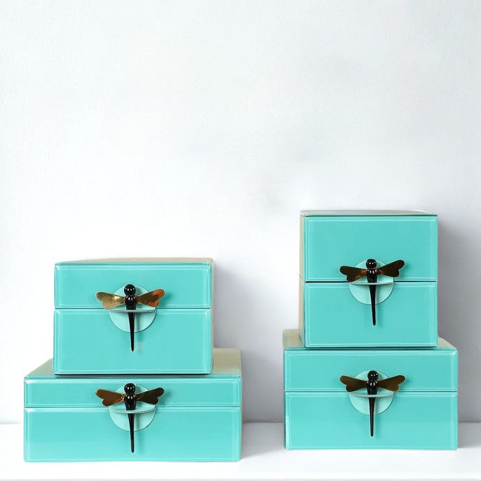 Turquoise Blue Jewelry Glass Box With Dragonfly