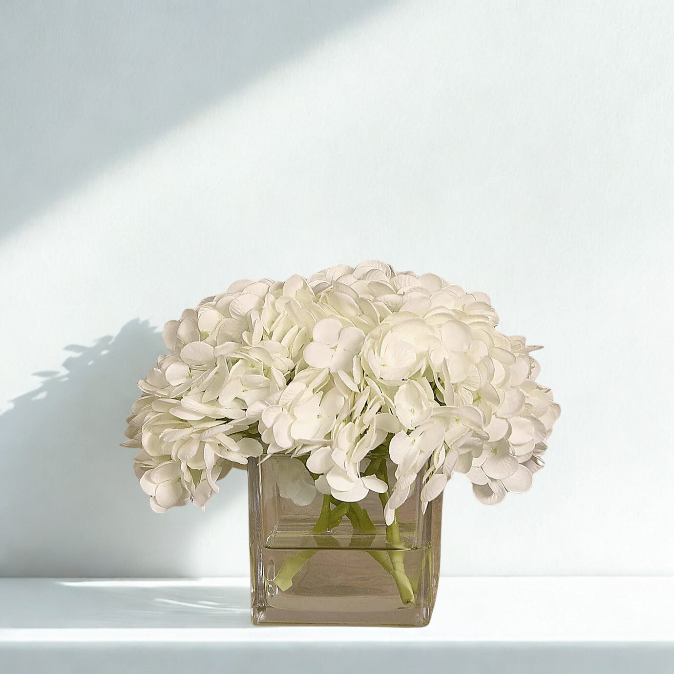 WHITE Hydrangea in a square glass vase Small