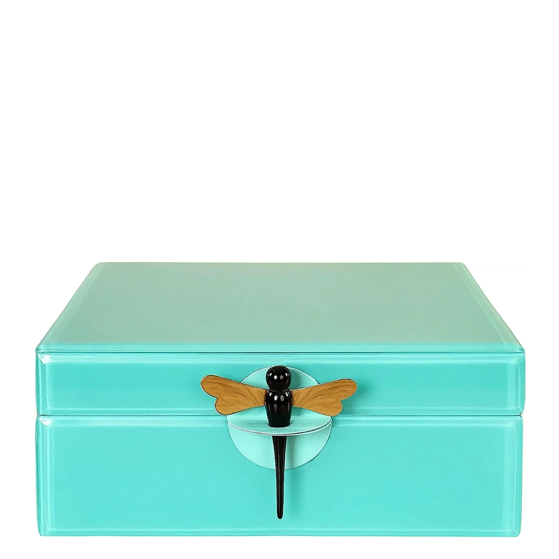 Turquoise Blue Jewelry Glass Box With Dragonfly