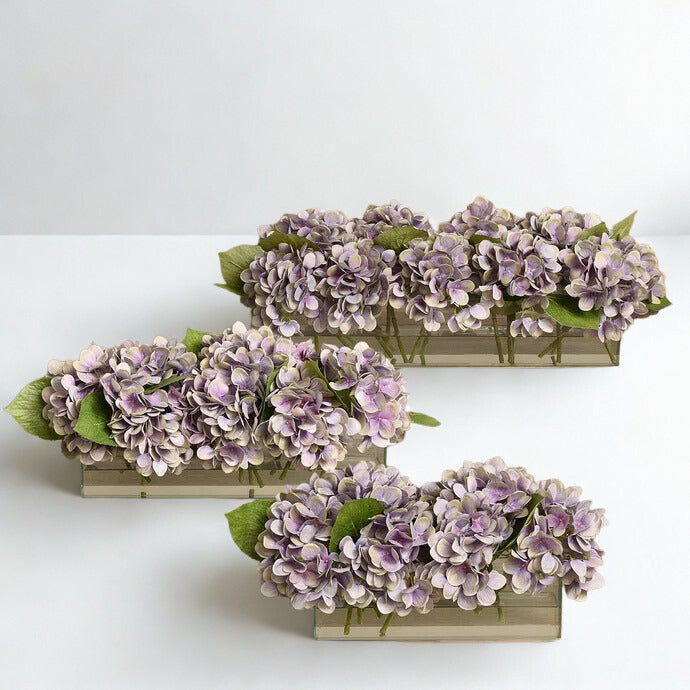 Purple Hydrangea Arrangement in Glass Vase