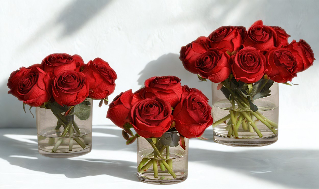 RED Artificial Rose Arrangement in Glass Vase MEDIUM
