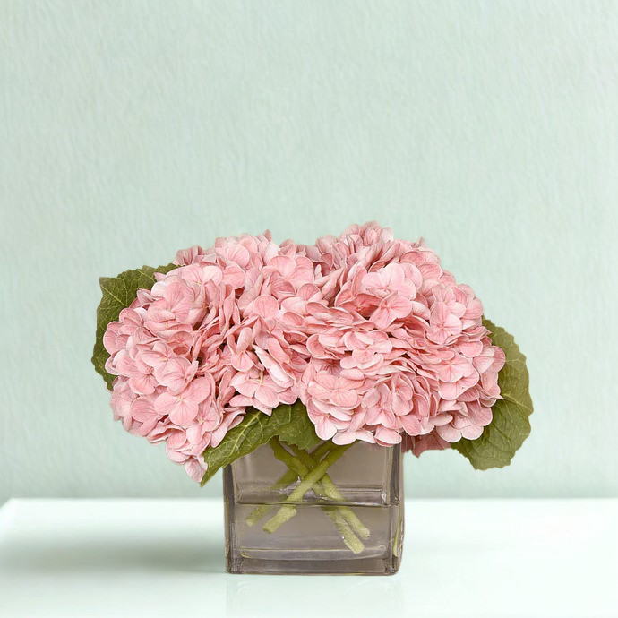 PINK Hydrangea in a round glass vase Medium