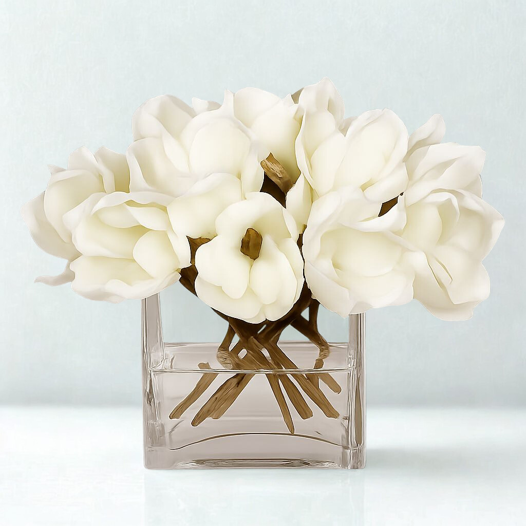 Large Magnolia in a square glass vase