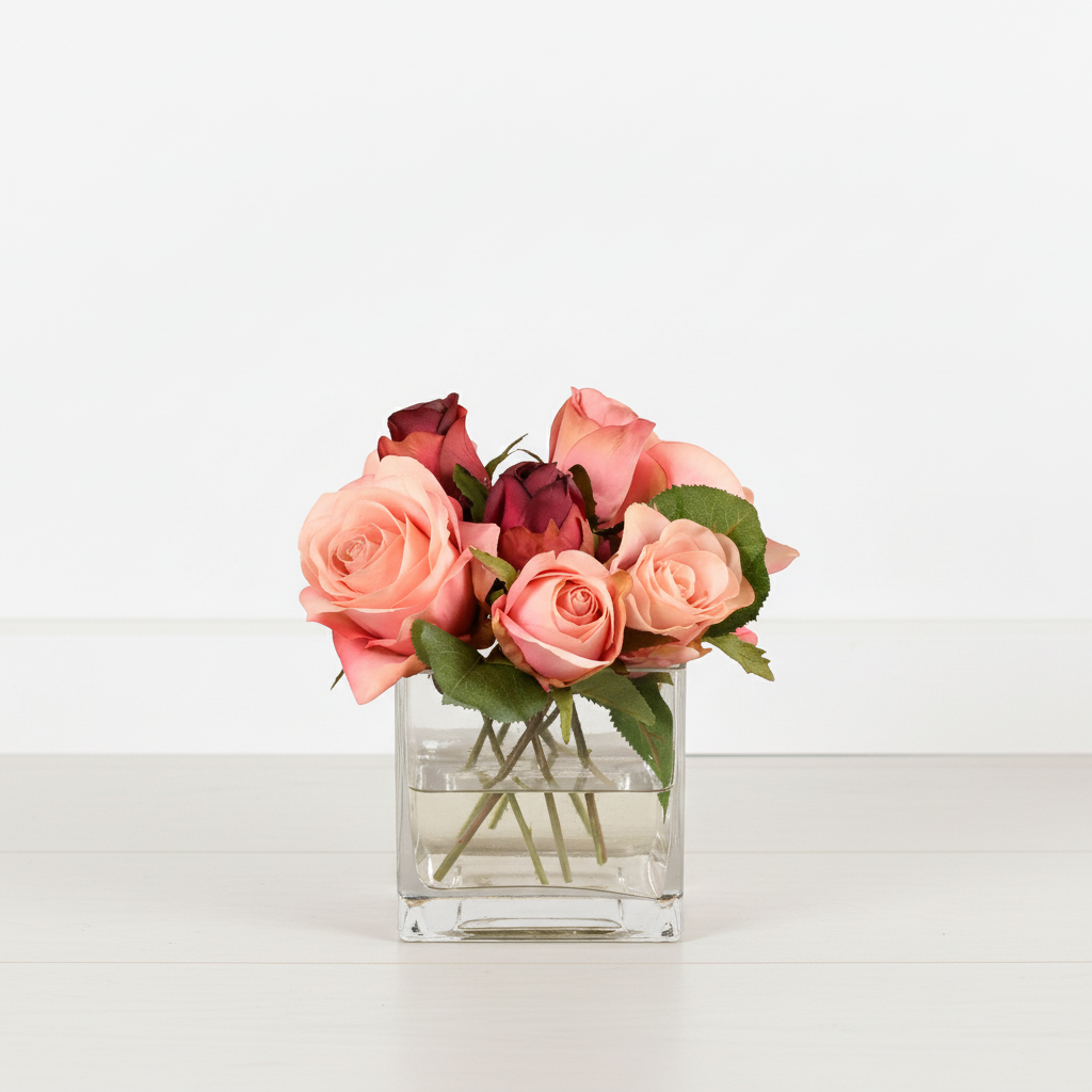 Artificial Mixed Rose Arrangement in Glass Vase
