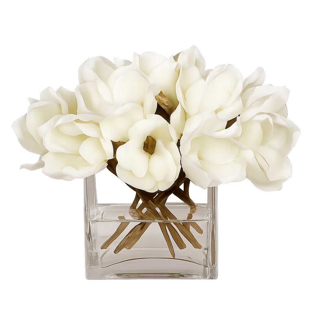 Large Magnolia in a square glass vase