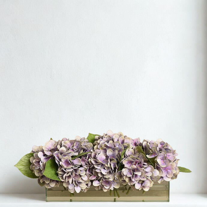Purple Hydrangea Arrangement in Glass Vase
