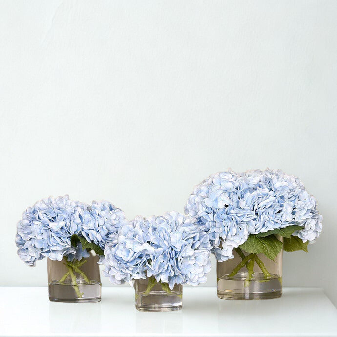 BLUE Hydrangea in a round glass vase LARGE