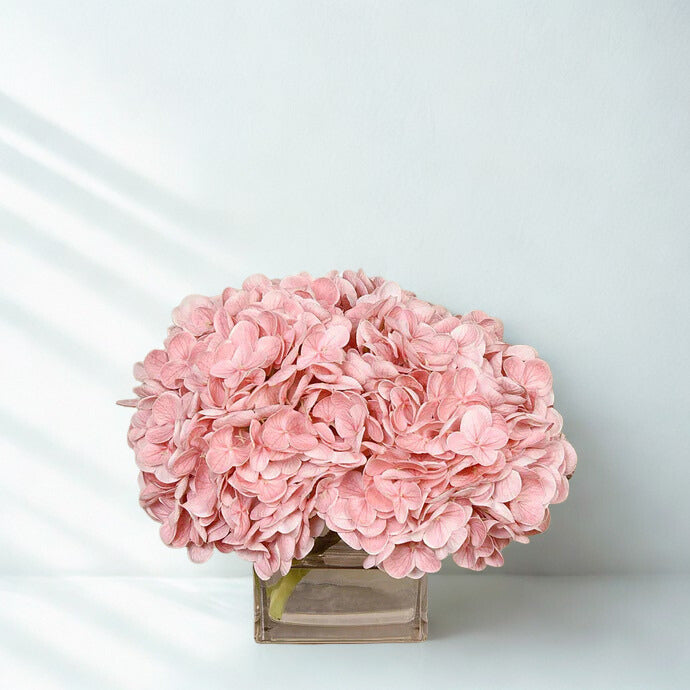 PINK Hydrangea in a square glass vase Small