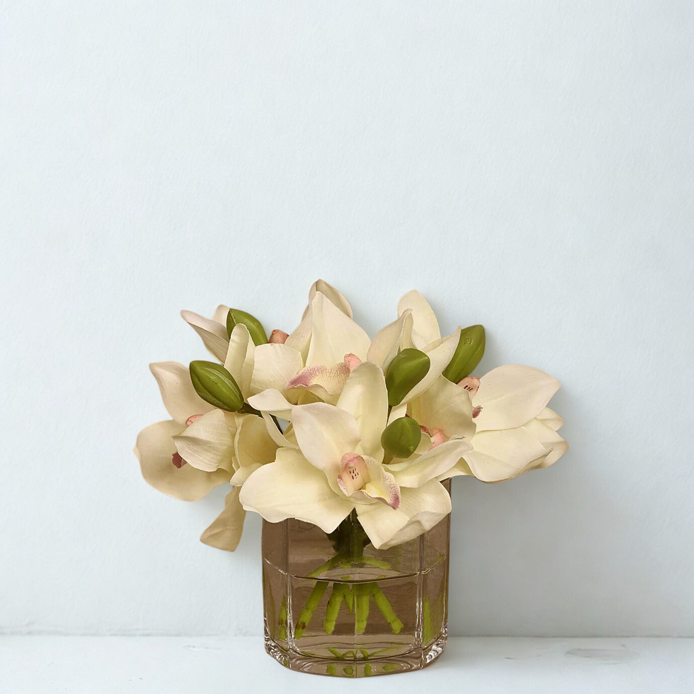 White Cymbidium Arrangement in Glass Vase