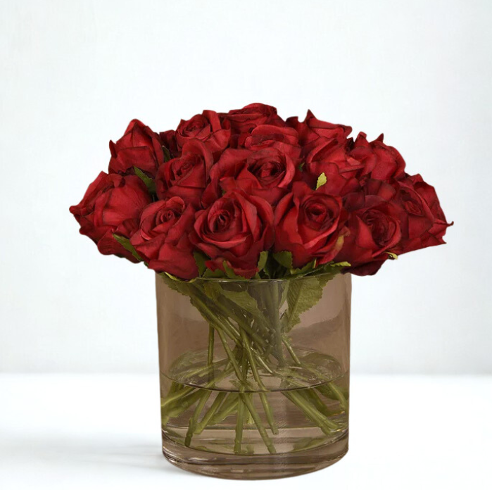 RED Artificial Rose Arrangement in Glass Vase MEDIUM