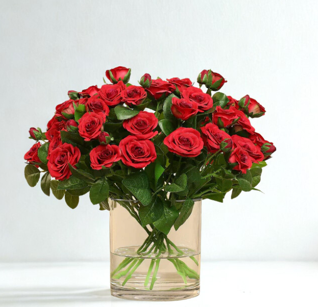 Small Artificial Red Rose Arrangement in Glass Vase SMALL