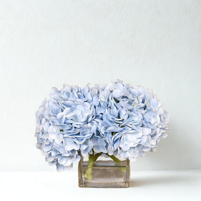 BLUE Hydrangea in a square glass vase SMALL