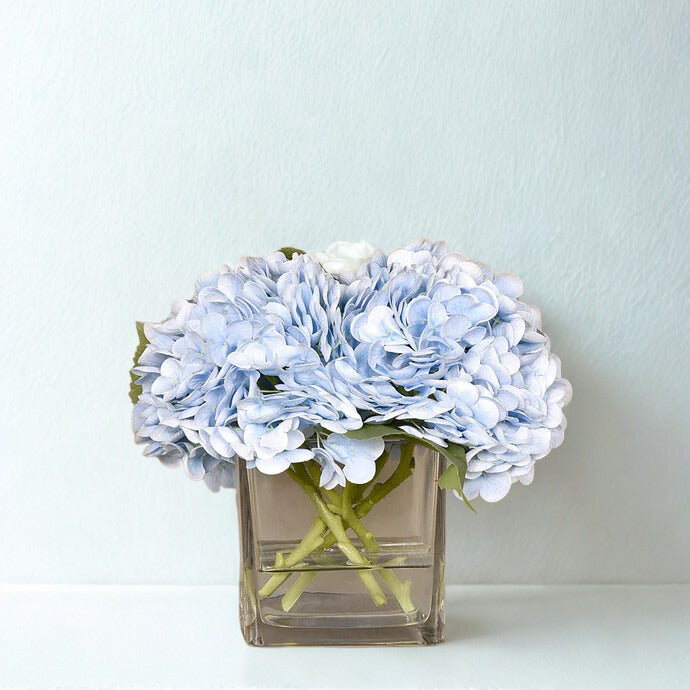 BLUE Hydrangea in a square glass vase MEDIUM